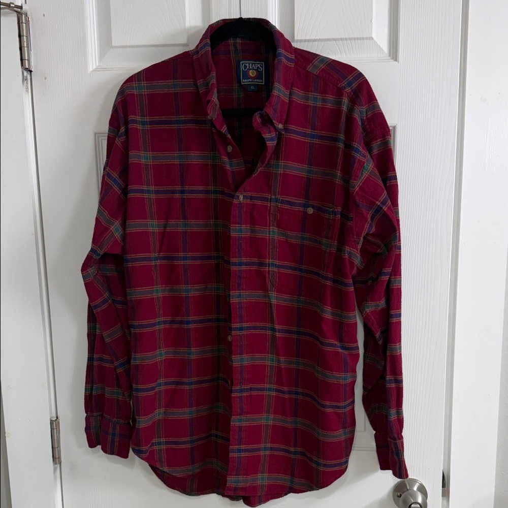 Chaps Men's Burgundy and Forest Plaid Shirt